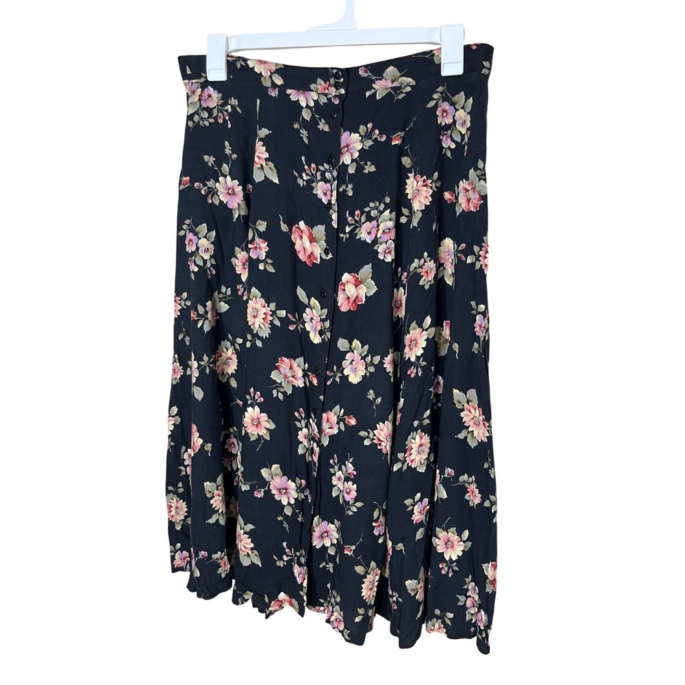 Vintage‎ Casual Corners Black Floral Button Front Maxi Skirt Size 18